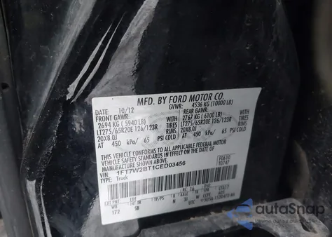 2012 Ford F-250 Lariat from USA, damaged, VIN 1FT7W2BT1CED03456